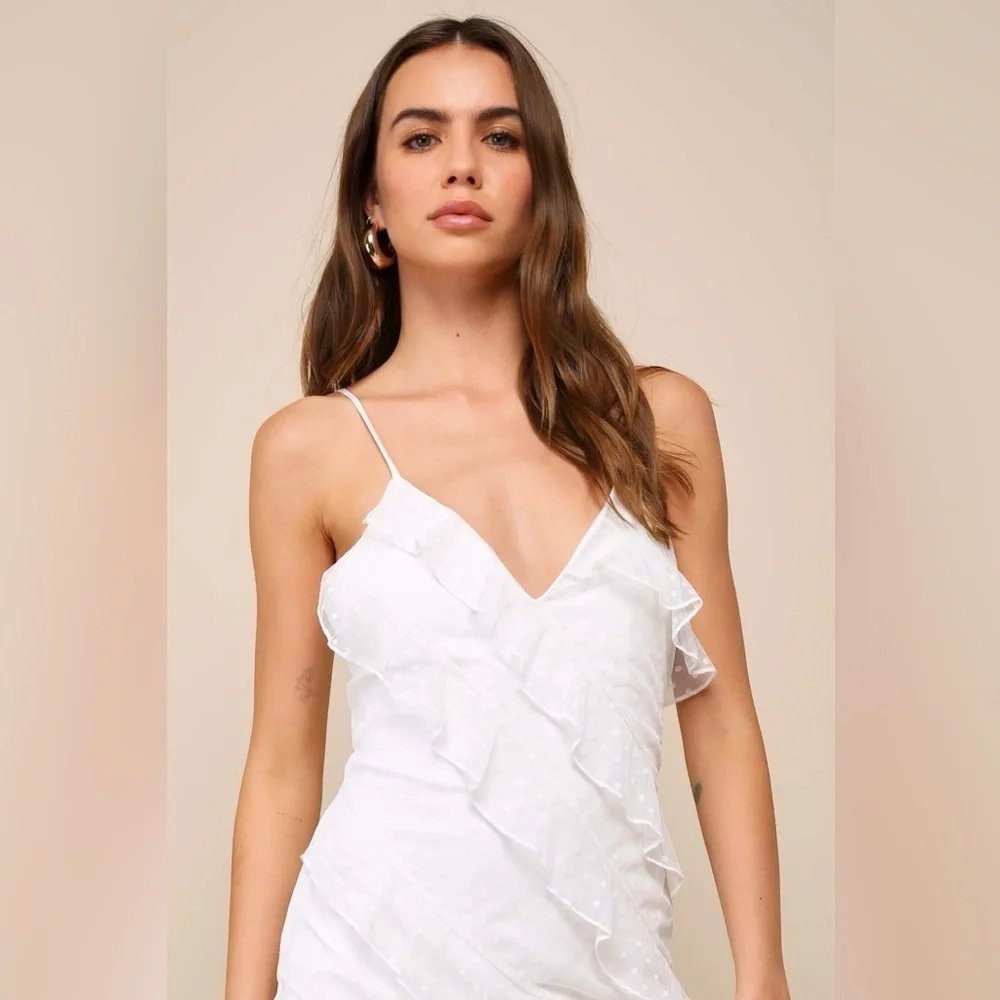 LULU’S More Than Gorgeous White Mesh Ruffled Swiss Dot Midi Dress - Picture 3 of 6